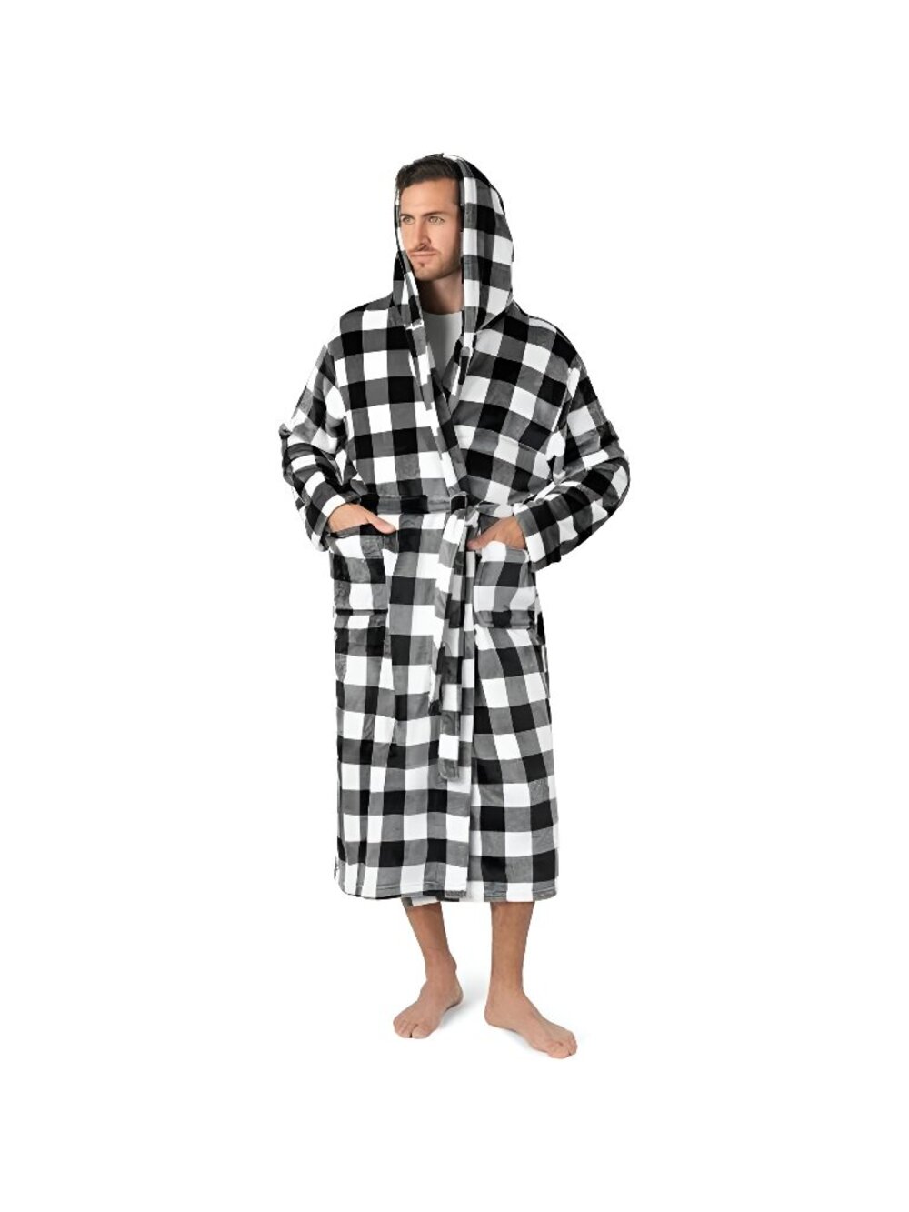 Mens Robe, Hooded Fleece Bathrobe for Men, Plush Long Warm Robe for